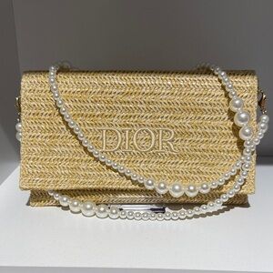 Dior Raffia Straw Clutch with Embroidered Logo